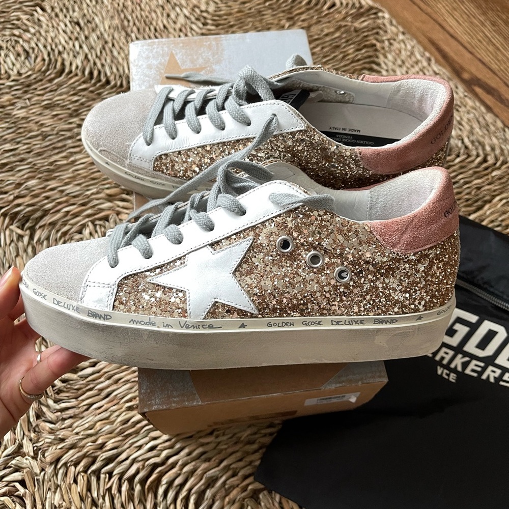 Golden Goose Glitter and White Athletic Shoes